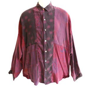 49in Chest SiLK Citron Santa Monica Shirt Long Velvety Patchwork Shell Buttons M